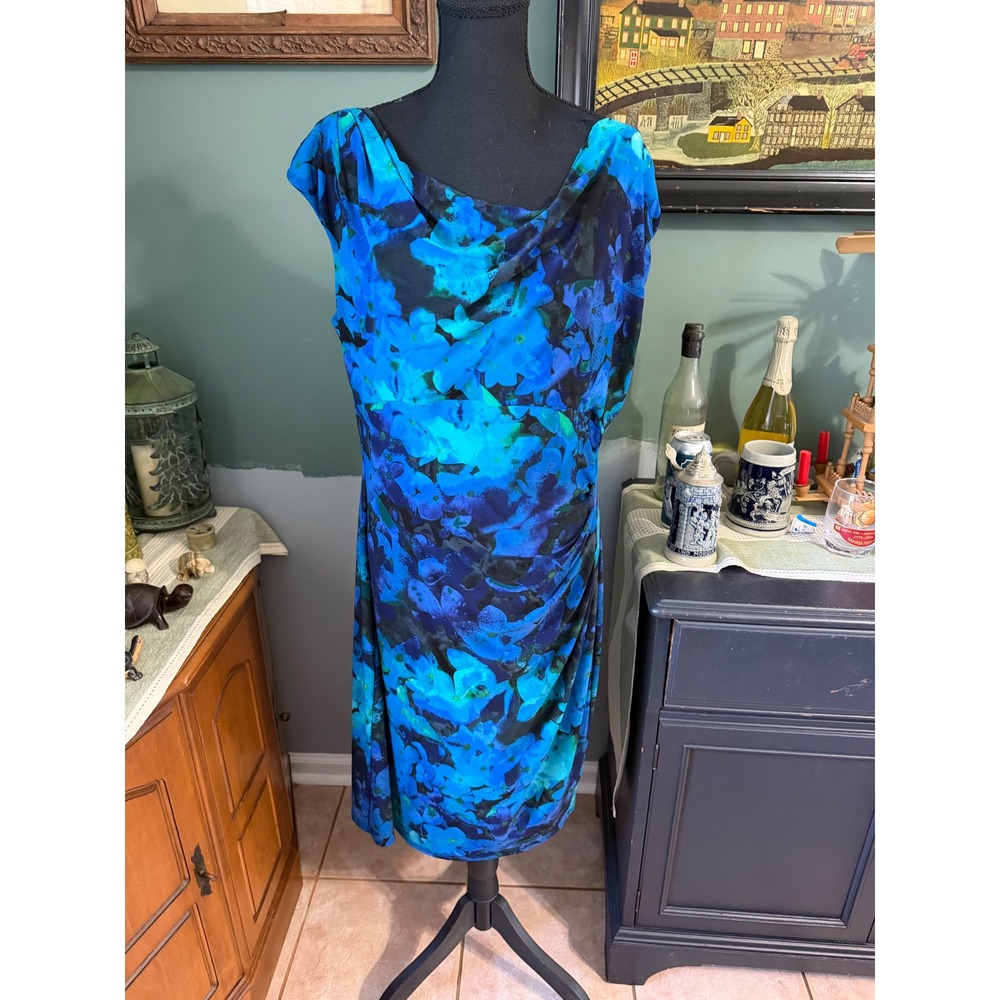 Lauren Ralph Lauren Blue Floral Cowl Neck Ruched Sheath Dress Size 16 Careerwear